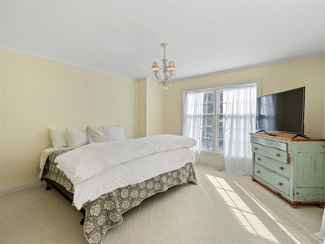 carpeted bedroom featuring an inviting chandelier and ornamental molding