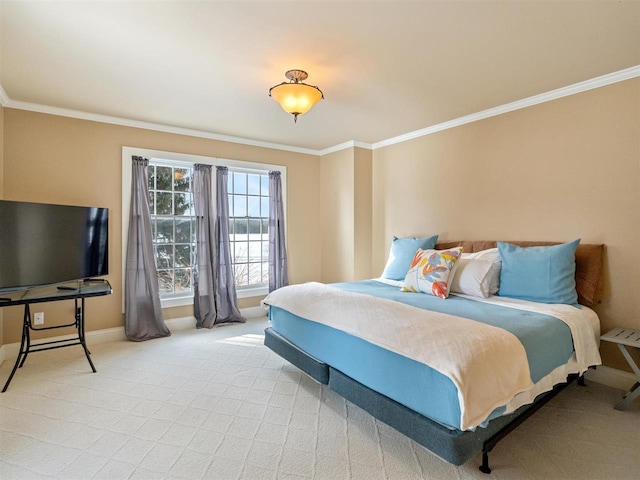 carpeted bedroom with crown molding