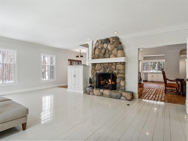 living room with ornamental molding, hardwood / wood-style floors, and a fireplace