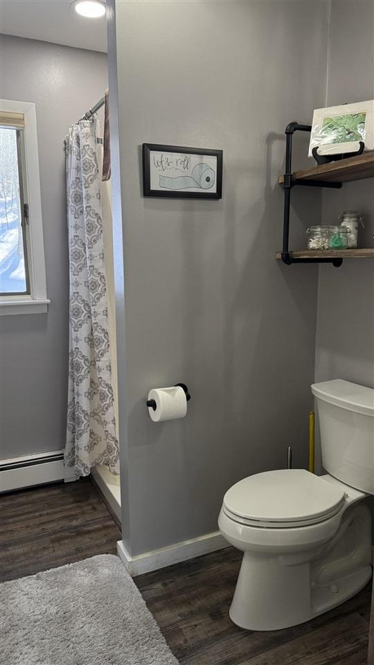 full bathroom with a shower stall, toilet, and wood finished floors