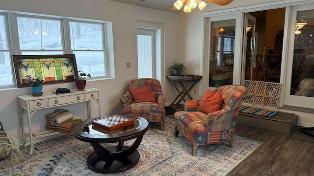 living area featuring wood finished floors and ceiling fan