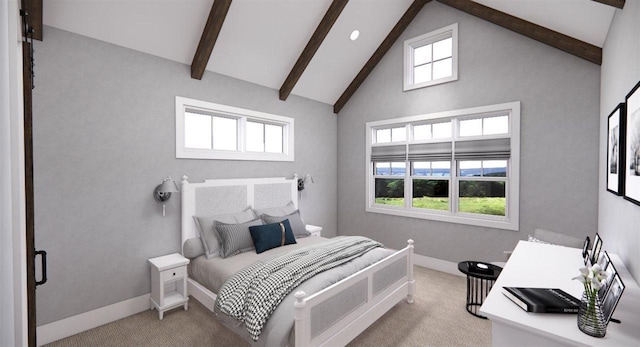 carpeted bedroom featuring multiple windows, high vaulted ceiling, and beam ceiling