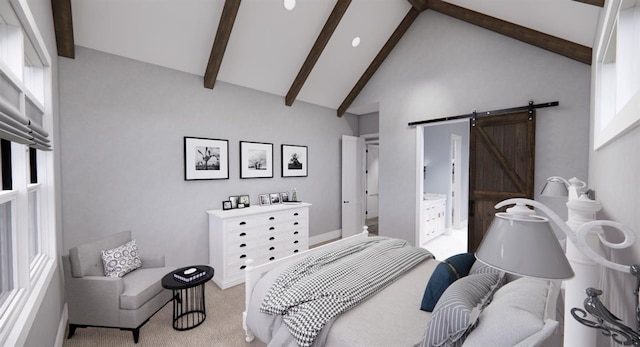 bedroom featuring high vaulted ceiling, connected bathroom, light colored carpet, a barn door, and beamed ceiling