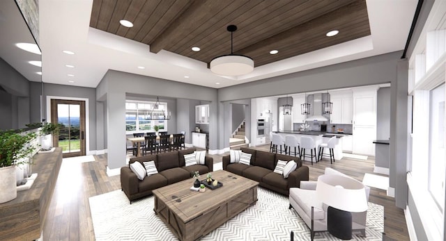 living room featuring wood ceiling, a raised ceiling, and light hardwood / wood-style floors