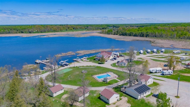 bird's eye view with a water view