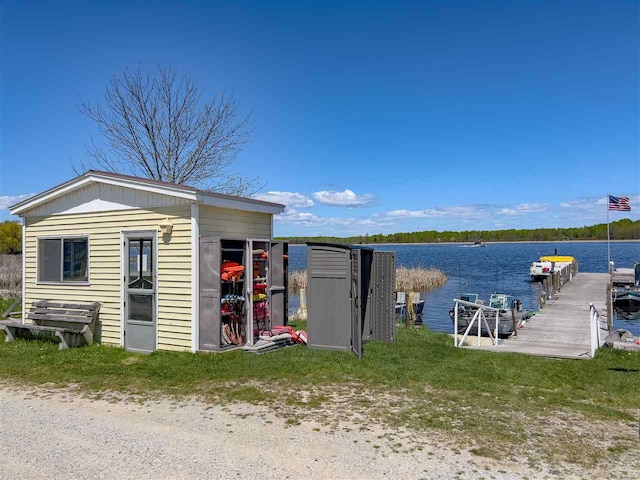 exterior space with a water view