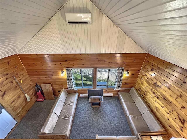 unfurnished living room with wood ceiling, wooden walls, high vaulted ceiling, carpet flooring, and an AC wall unit