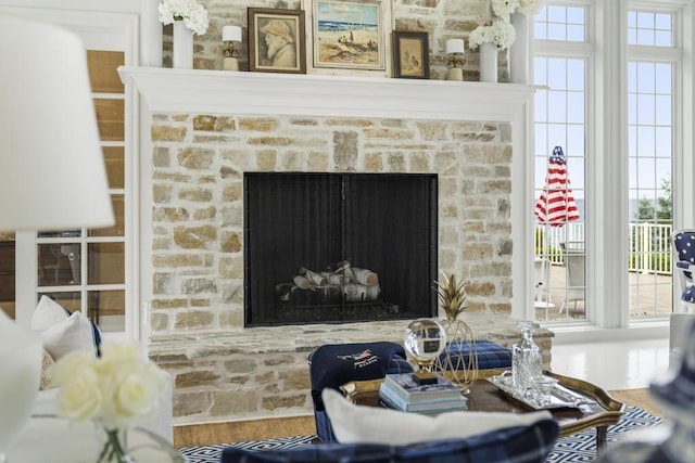 room details featuring a stone fireplace