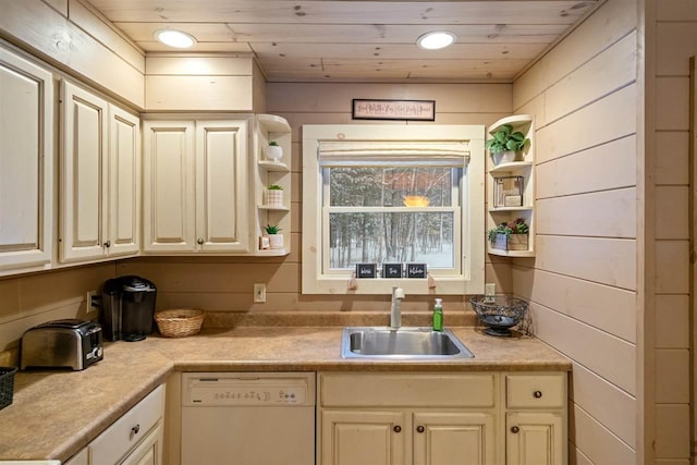 kitchen featuring wood ceiling, wooden walls, white dishwasher, and sink