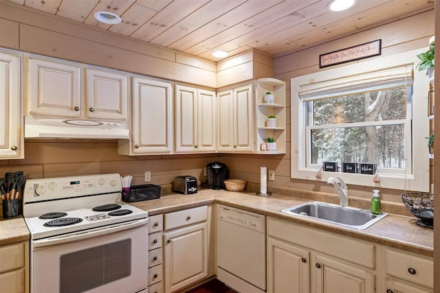 kitchen with wood ceiling, white appliances, and sink