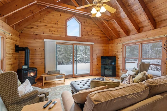 living room with beam ceiling, a wood stove, hardwood / wood-style floors, and wooden walls