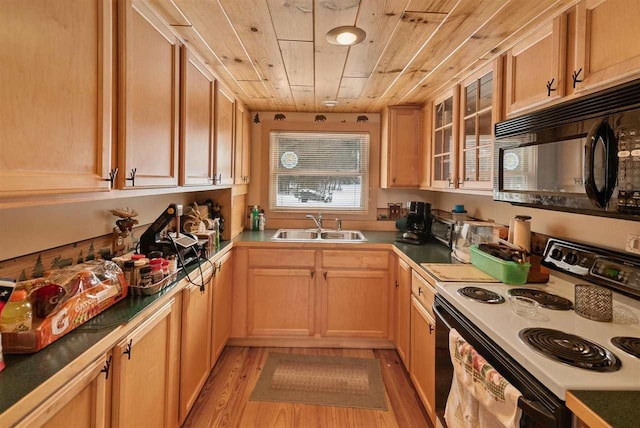 kitchen featuring sink, wood ceiling, electric range oven, light wood-type flooring, and light brown cabinets