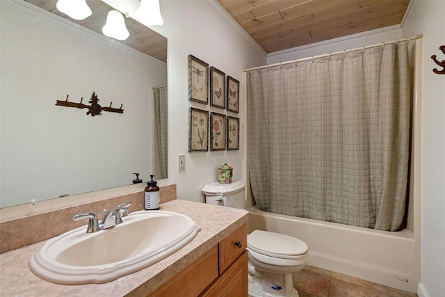 full bathroom with shower / tub combo with curtain, toilet, wooden ceiling, vanity, and tile patterned flooring