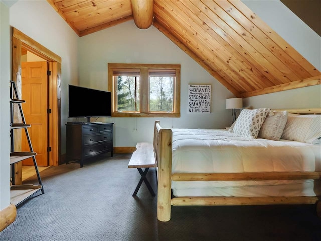 carpeted bedroom featuring vaulted ceiling with beams and wooden ceiling