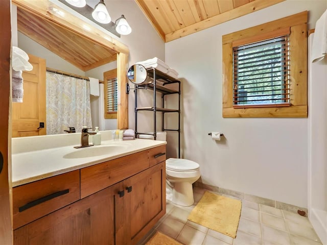 bathroom featuring wood ceiling, vanity, vaulted ceiling, tile patterned floors, and toilet