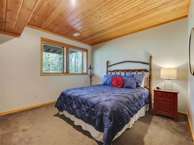 bedroom with crown molding, carpet floors, and wood ceiling