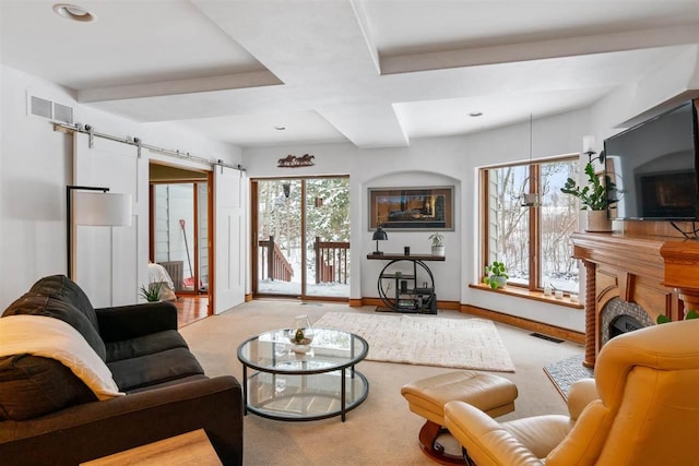 carpeted living room featuring a healthy amount of sunlight and a barn door