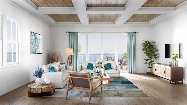 living room with beam ceiling, hardwood / wood-style flooring, and coffered ceiling