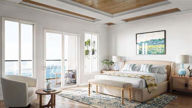 bedroom featuring multiple windows, ornamental molding, coffered ceiling, and access to outside