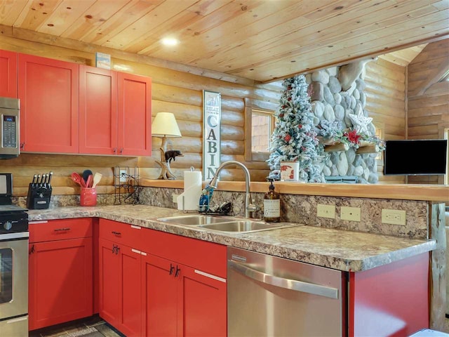 kitchen with sink, wooden ceiling, rustic walls, and appliances with stainless steel finishes