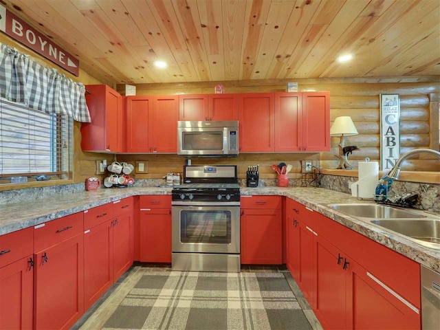 kitchen featuring appliances with stainless steel finishes, sink, rustic walls, and wood ceiling