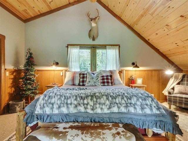 bedroom featuring carpet, high vaulted ceiling, wood ceiling, and wood walls