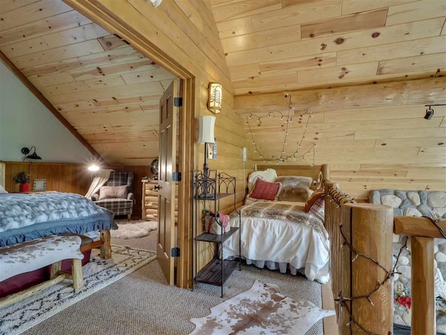 bedroom with wood ceiling, wooden walls, vaulted ceiling, and carpet