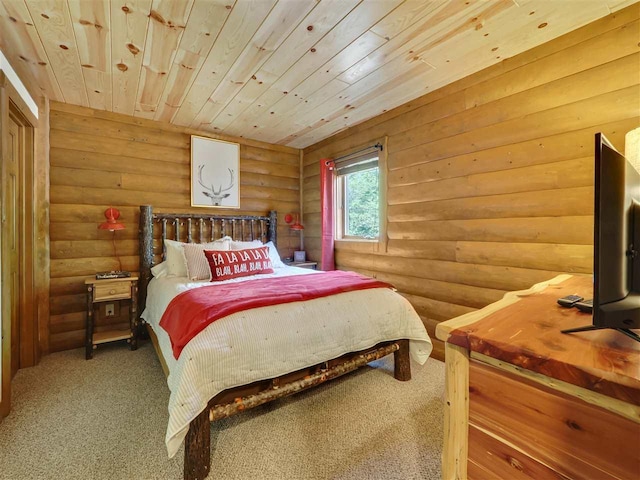 bedroom featuring log walls, carpet flooring, and wooden ceiling