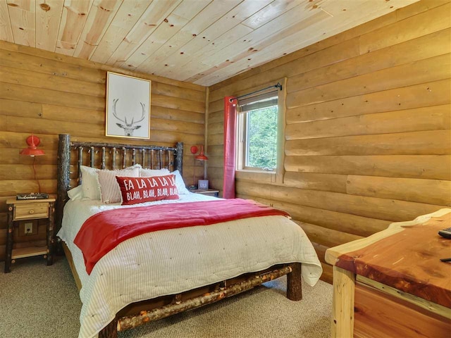 carpeted bedroom featuring wooden ceiling and rustic walls