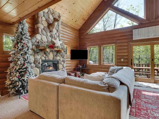 living room featuring high vaulted ceiling, carpet flooring, a fireplace, log walls, and wooden ceiling