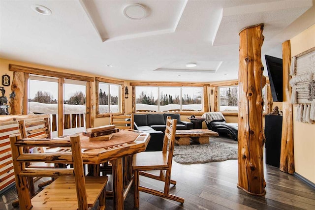 dining room with a tray ceiling and dark wood-type flooring