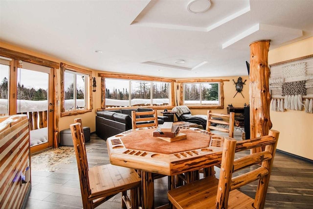 dining area featuring a raised ceiling and hardwood / wood-style floors