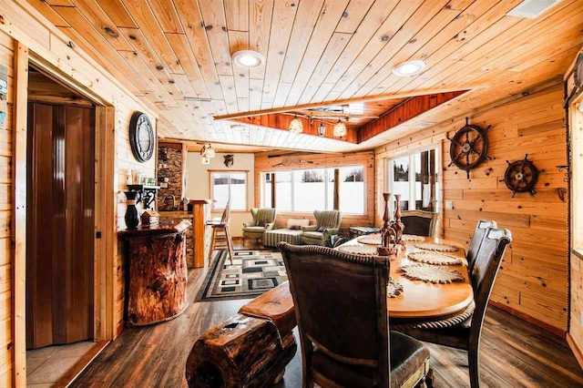 dining space with wood ceiling, hardwood / wood-style flooring, and wood walls