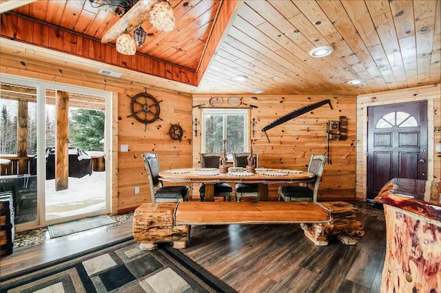 dining area featuring dark hardwood / wood-style floors, wooden ceiling, and wooden walls