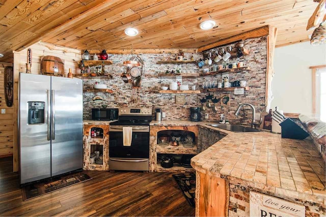 kitchen featuring wood ceiling, stainless steel appliances, dark hardwood / wood-style flooring, and sink