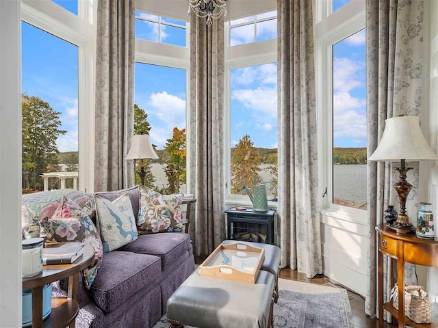 living area featuring a water view and hardwood / wood-style flooring