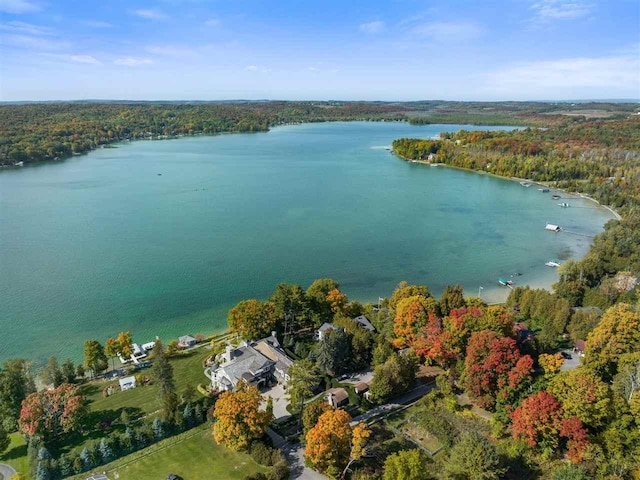 bird's eye view with a water view