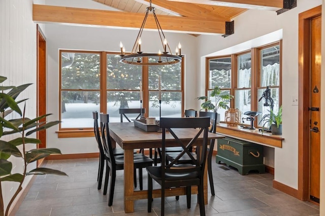 dining area featuring wood ceiling, vaulted ceiling with beams, a chandelier, and a wealth of natural light