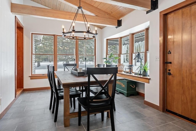 dining room with an inviting chandelier, wooden ceiling, and vaulted ceiling with beams