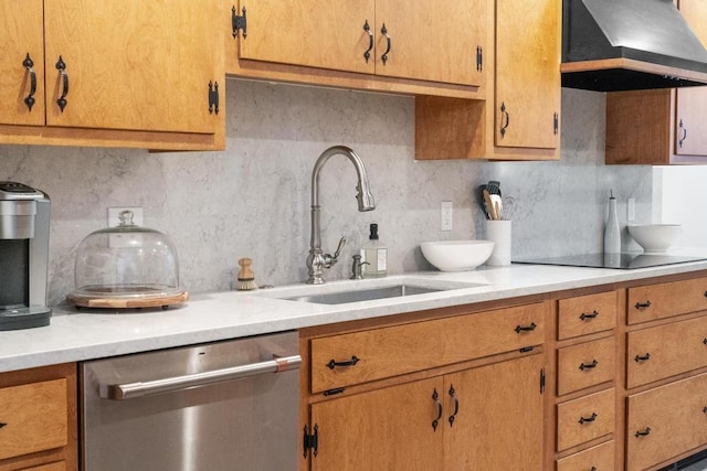 kitchen with sink, dishwasher, black electric stovetop, decorative backsplash, and wall chimney range hood