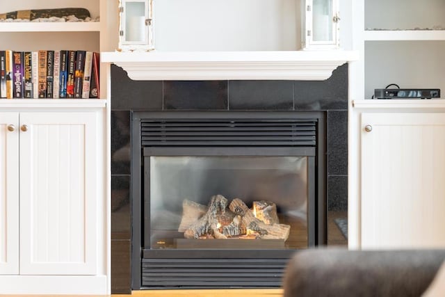 room details featuring a tile fireplace