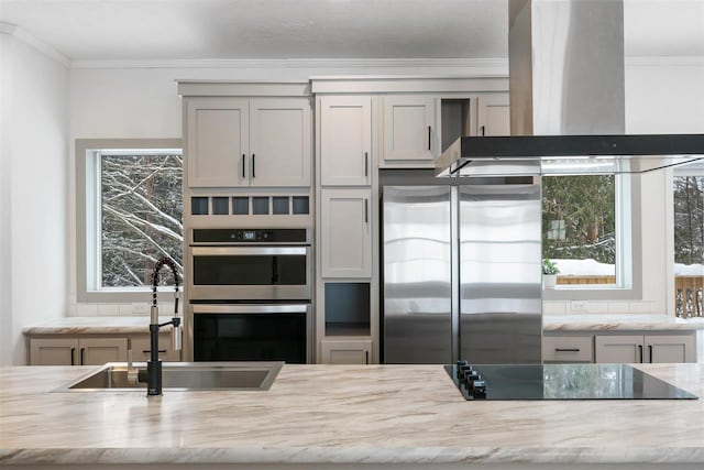 kitchen with sink, crown molding, island range hood, appliances with stainless steel finishes, and light stone countertops