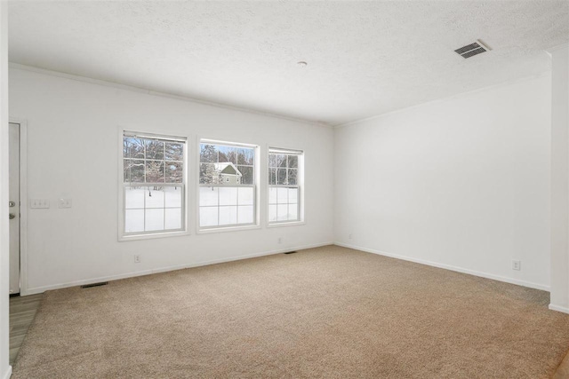 carpeted empty room featuring a textured ceiling