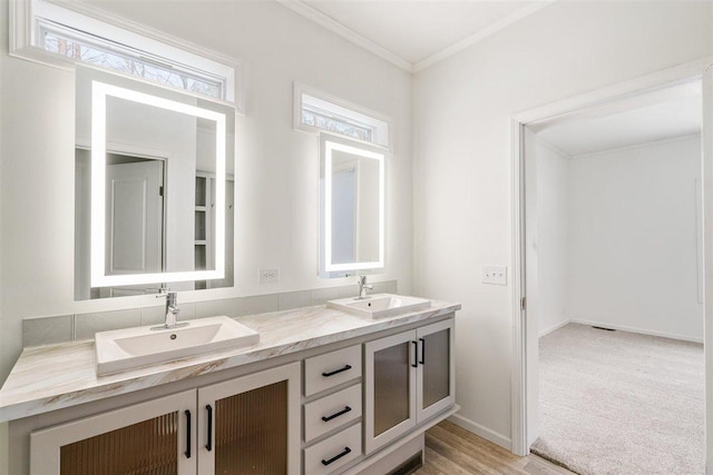 bathroom featuring ornamental molding and vanity