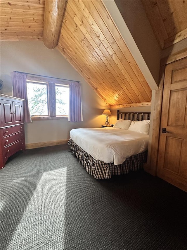 carpeted bedroom with vaulted ceiling with beams and wood ceiling