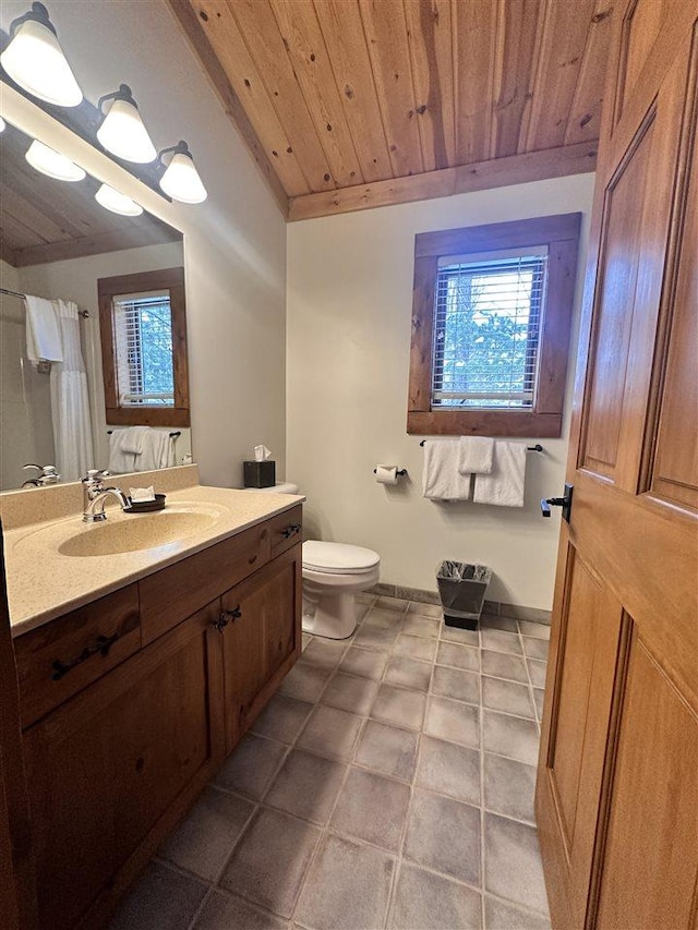 bathroom featuring vanity, wood ceiling, tile patterned floors, and toilet