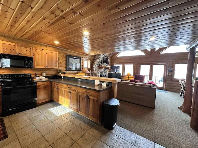 kitchen featuring wooden ceiling and black appliances