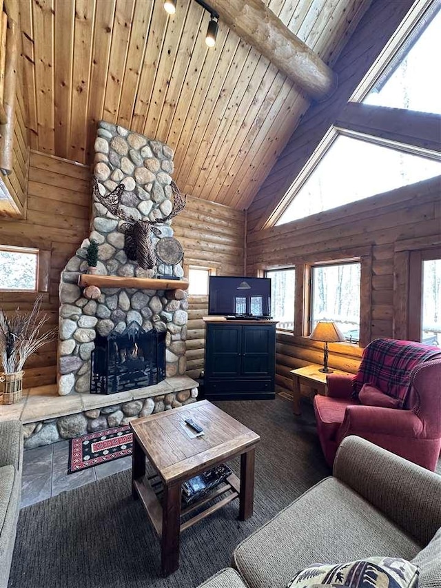 living room featuring high vaulted ceiling, a fireplace, log walls, wooden ceiling, and beamed ceiling