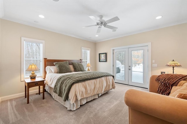 2632 Woodside Dr, Petoskey, MI 49770 - bedroom featuring light carpet, baseboards, access to outside, french doors, and crown molding