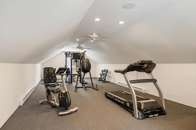 2632 Woodside Dr, Petoskey, MI 49770 - workout area with lofted ceiling, baseboard heating, a baseboard radiator, and recessed lighting